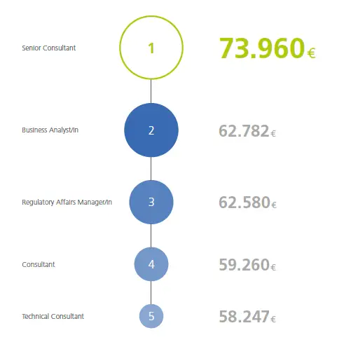 Machine generated alternative text:
senior Consultant
Business Analystiin
Regulatory Affairs Manager/in
73.960€
62.782
62.580€
ConsLdtant
59.260€
Technical Consultant
58.247€